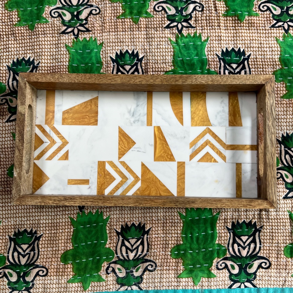 Vintage bone & bronze tray, set in olive wood made in India